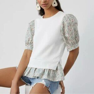 Anthropologie Layered Poplin-Sleeve Sweater | Size XL | Ivory, with Pink & Green